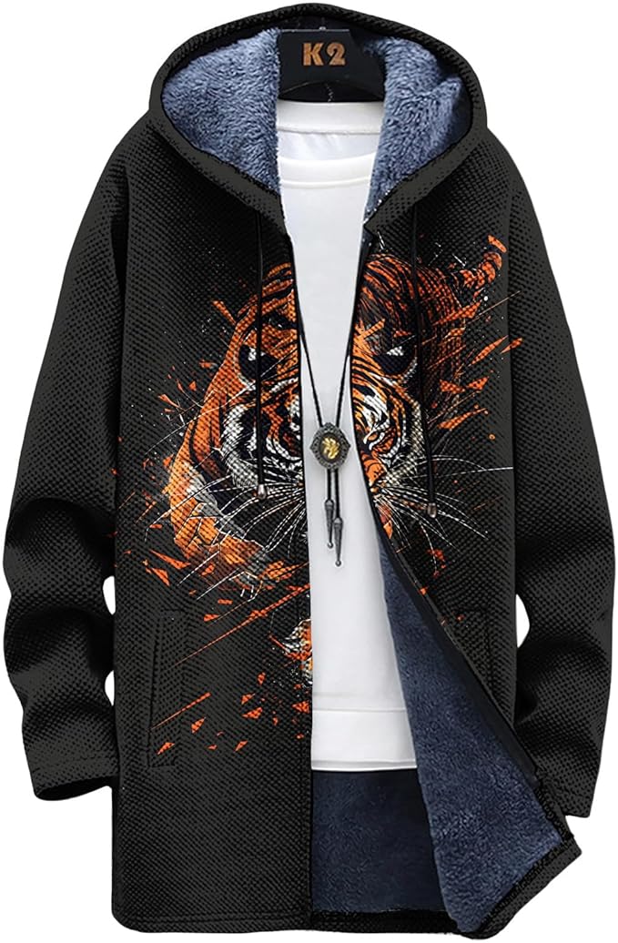 Mens Long Cardigan Hoodies Full Zip Fleece Lined Jackets Fashion Knitted Color Block Hooded Coat with Pockets