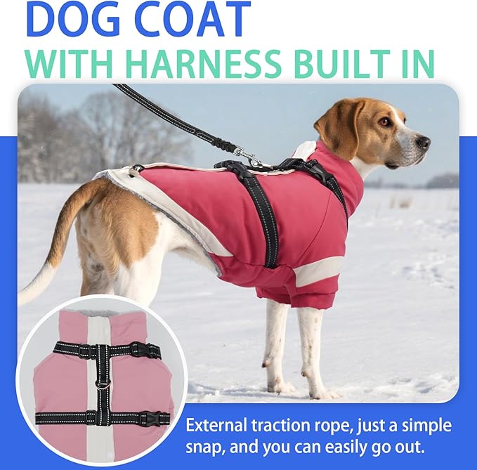 MIGOHI Dog Coat with Harness Built in, 2-in-1 Windproof Dog Winter Jacket, Thermal Reflective Snowsuit with Turtleneck, Back Zipper Fleece Coat for Small Dogs, Chihuahua, Pink, XS