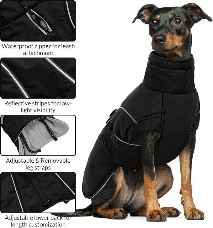 Queenmore Winter Dog Coat Warm Dog Jacket Vest Waterproof Puffer Fleece Snowsuit Adjustable Buckle Leash Hole Reflective Cold Weather Parka for Small Medium Large Dogs Girl Boy Black L
