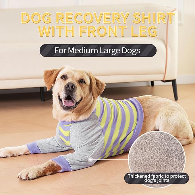 FUAMEY Dog Recovery Sleeve with Elbow Protector,Dogs Shirt Stop Licking Joints,Pet Long Sleeve Suit Protecting Dog's Front Leg Arm Wounds Cover Skin Conditions Purple Stripes L