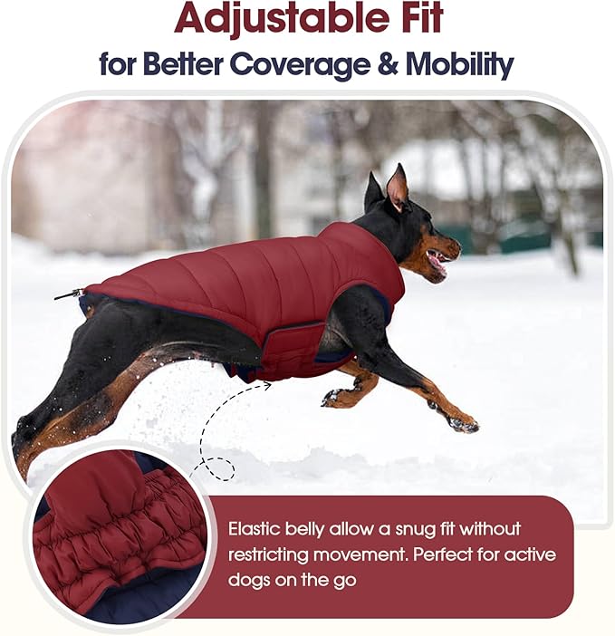 QBLEEV Reversible Dog Winter Coat, Waterproof Windproof Dog Jacket with Adjustable Fit & Leash Hole, Lightweight Warm Puffer Vest for Large Breeds, Wine Red, 2XL – Fits Labrador, Husky, Weimaraner