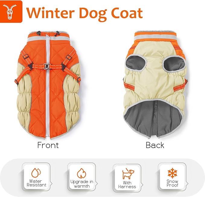 Dog Winter Coat with Harness, Dog Jacket, Pet Clothes with Zipper on Back, Waterproof Windproof Warm Vest, Reflective Cold Weather Coats, for Small Medium Large Dogs, Thick, Orange, M