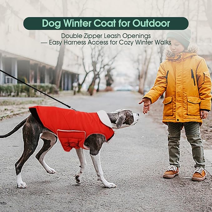 Kuoser Dog Coat Large, Cold Weather Reflective Waterproof Dogs Jacket with Warm Fleece Lining, Turtleneck Dog Winter Coat with Zipper, Doggy Snow Jacket Pet Coats for Small Medium Large Dogs, Red XL