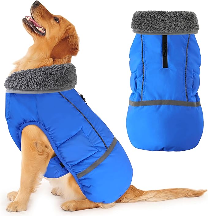 Dogcheer Warm Dog Coat, Waterproof Dog Jacket Christmas Puppy Winter Coat with Buckle, Reflective Adjustable Pet Snow Jacket Turtleneck Fleece Sweater for Small Medium Large Dogs - Blue, 3XL