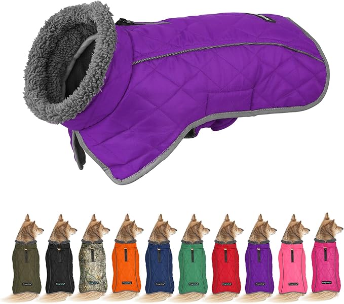Fragralley Dog Coat Large, Waterproof Dog Jacket with Warm Fleece Lining, Adjustable Reflective Dogs Winter Coat, Turtleneck Pet Coats for Cold Weather (Purple XL)