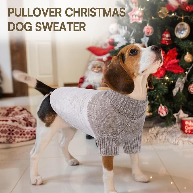 Queenmore Knitted Pullover Dog Sweater, Turtleneck Pet Cat Sweater, Cold Weather Puppy Clothes Stitching Knitwear with Leash Hole for Small Medium Dogs(Khaki,M)