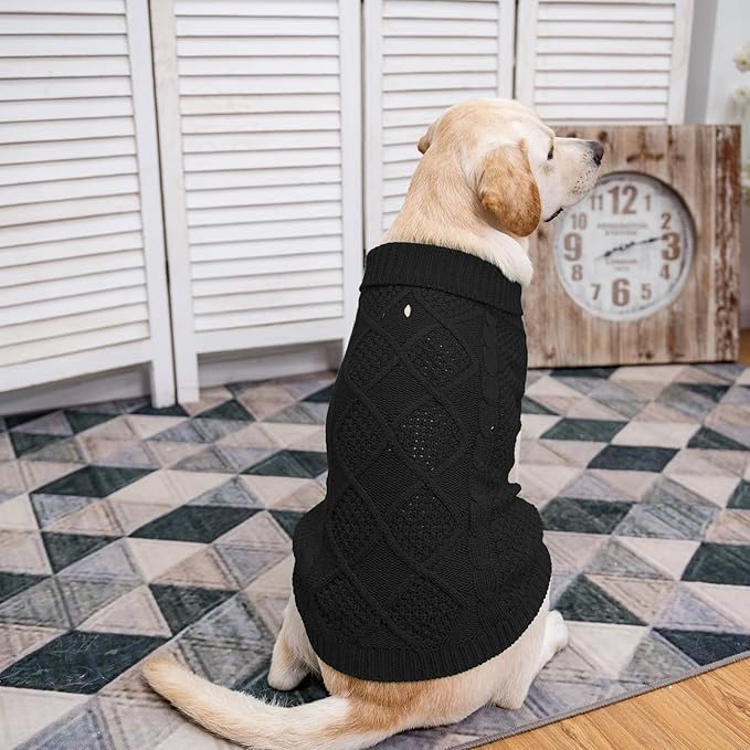 Mihachi Turtleneck Dog Sweater - Winter Coat Apparel Classic Cable Knit Clothes with Leash Hole for Cold Weather, Ideal Gift for Pet in New Year Black Large