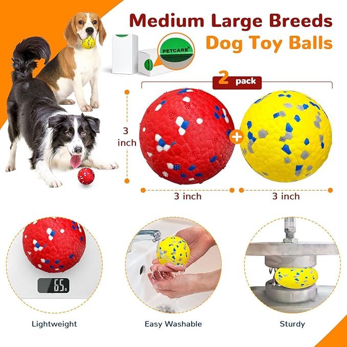Petcare 2 Pack Dog Balls Toys for Aggressive Chewers Indestructible Tennis Balls for Medium Large Dogs Water Toy Chew Ball Tough Durable Big Dog Toys Bouncing Ball for Dogs to Fetch, Yellow+Red