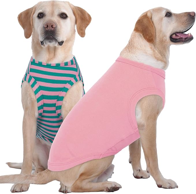 IECOii 2 Pack Dog Tee Shirts for Large Dogs,Breathable & Lightweight T-Shirts for Hot Weather,Soft Stretchy for Active Dogs - Non-Restrictive for Running & Play,Summer Outdoor Wear,Pink+Stripes,2XL