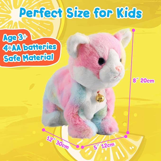 Colorful Robot Kitty Plush Toy, Interactive Meow Kitten, Electronic Pet, Animated Toy Cats for Girls & Kids, L:12"