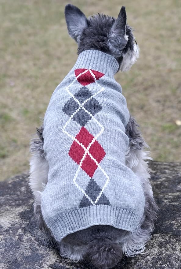Grey Argyle Knit Pet Sweaters Clothes for Medium Dogs, Classic Gray X-Large (XL) Size