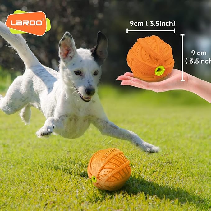 LaRoo Squeaky Dog Ball Toy, Durable Natural Rubber Squeaker Ball Floating Throwing Training, Teeth Cleaning Chew Toy for Pet Small Medium Large Dogs (3.5In Orange)