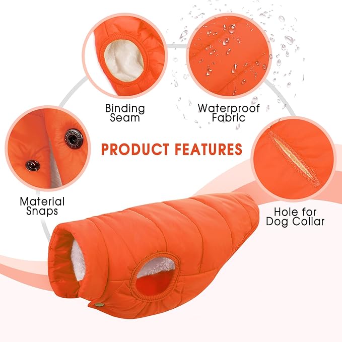 ASENKU Dog Winter Coat - Waterproof Windproof Dog Jacket, Warm Snowproof Doggie Puffer Vest for Cold Weather, Lightweight Snow Coats for Small Medium Large Dogs (Orange, 2XL)