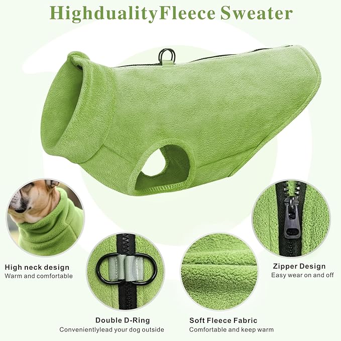 Idepet Dog Fleece Vest Sweater Zip Up Warm Pullover Dogs Jacket with D-Ring Leash Winter Cold Weater Coat Pet Sweatershirt Clothes Hoodie for Small Medium Dogs Boy Girl(Green,XXL)