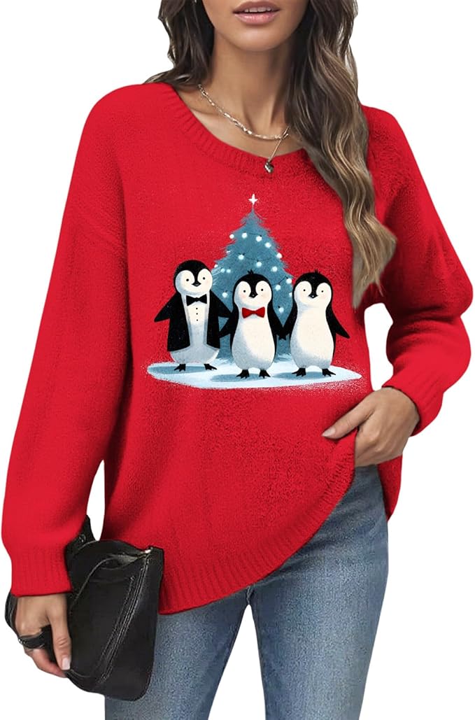 Women's Red Christmas Sweater - Festive Cartoon Patterns, Cozy Knit for Holiday Parties & Gatherings