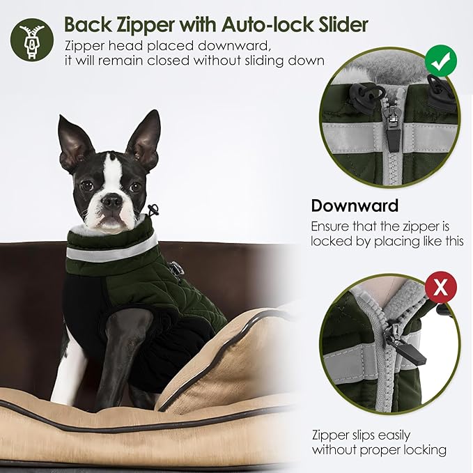 AOFITEE Dog Coat, Warm Dog Jackets for Small Dogs, Dogs Winter Coat with Harness Built in, Reflective Pet Winter Jacket, Waterproof Windproof Puppy Puffer Jacket Fleece Vest, Green XS