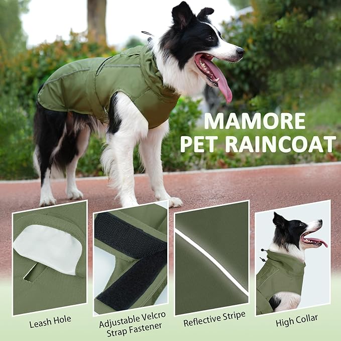 Waterproof Dog Raincoat, Adjustable Lightweight Dog Rain Jacket with Reflective Strip Leash Hole for Small Medium Large Dogs (Green, 3X-Large(77-94lb))