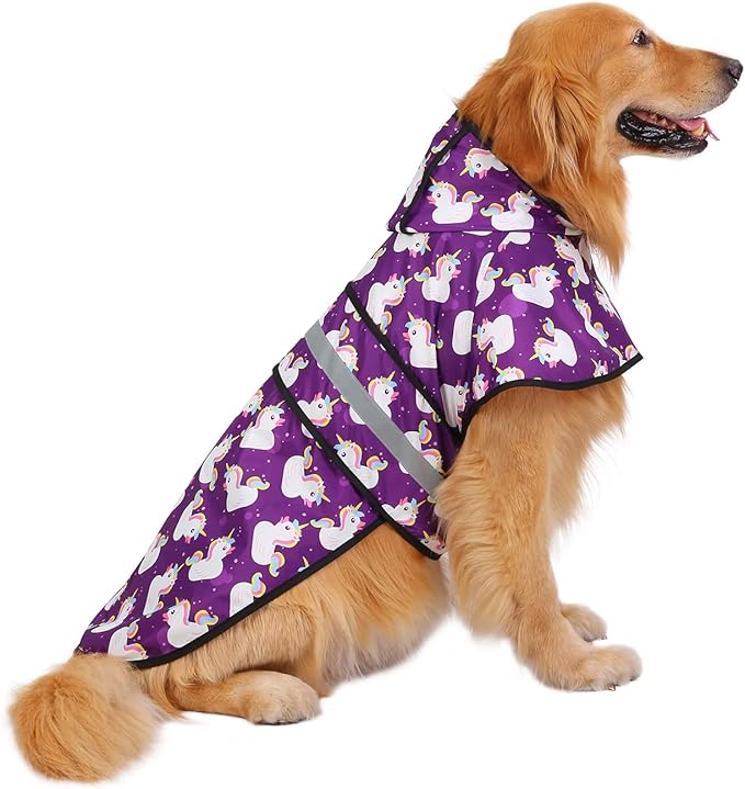 HDE Dog Raincoat Jacket Reflective Adjustable Hooded Pet Poncho Rain Coat with Leash Hole for Small to X-Large Dogs Purple Unicorn Ducks - XL