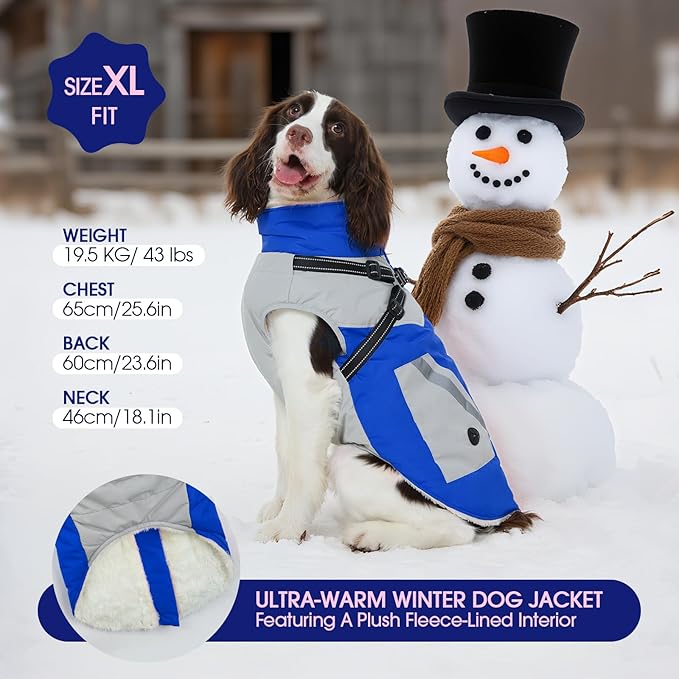 FUAMEY Dog Winter Jackets for Small Dogs,Dog Coat with Harness Built in,Waterproof Dogs Snowsuits Warm Pet Jacket Zip Up Fleece Cold Weather Coats Reflective Puppy Vest with Pocket Blue XS