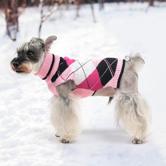 KOOLTAIL Dog Sweater Pet Knitted Clothes - Classic Pink Plaid Pullover Turtleneck Thick Warm Fall Dog Sweaters with Leash Hole, Soft Winter Coats for Small Medium Large Dogs Cats Puppy Girls, S