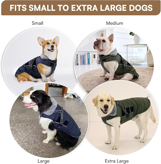 Queenmore Winter Dog Jackets for Medium Dogs with Harness Built-in, Waterproof Puffer Jacket for Snow/Cold Weather, Pet Warm Coat for Doggie Boy/Girl - Fleece Lining Reflective Easy-on, Navy M