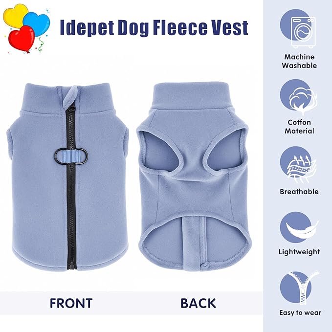 Idepet Dog Fleece Vest Sweater Zip Up Warm Pullover Dogs Jacket with D-Ring Leash Winter Cold Weater Coat Pet Sweatershirt Clothes Hoodie for Small Medium Dogs Boy Girl(Sky Blue,S)