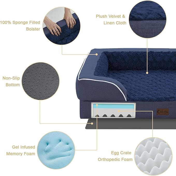 Orthopedic Dog Beds for Extra Large Sized Dogs, Waterproof Memory Foam XL Pet Bed with Sides 42x30Inch, Non-Slip and Egg-Crate Foam Big Dog Couch Bed with Removable Washable Cover, Navy Blue