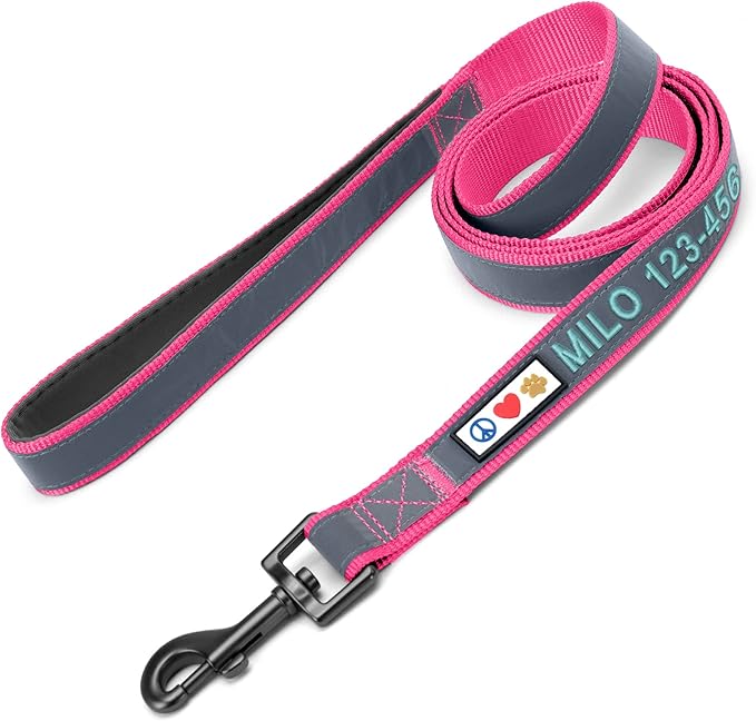 Pawtitas Personalized Dog Leash Embroidered Customize Your Pet Name & Phone Number Puppy Reflective 6 ft Long Large Pink Custom Tag Name, Pink Reflective 🔦 Padded
