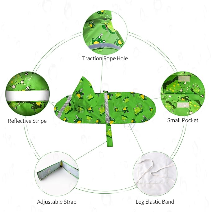NACOCO Large Dog Raincoat Adjustable - Pet Frog Water Proof Clothes Lightweight Rain Jacket Poncho Hoodies with Strip Reflective Green (M, Green Frog)