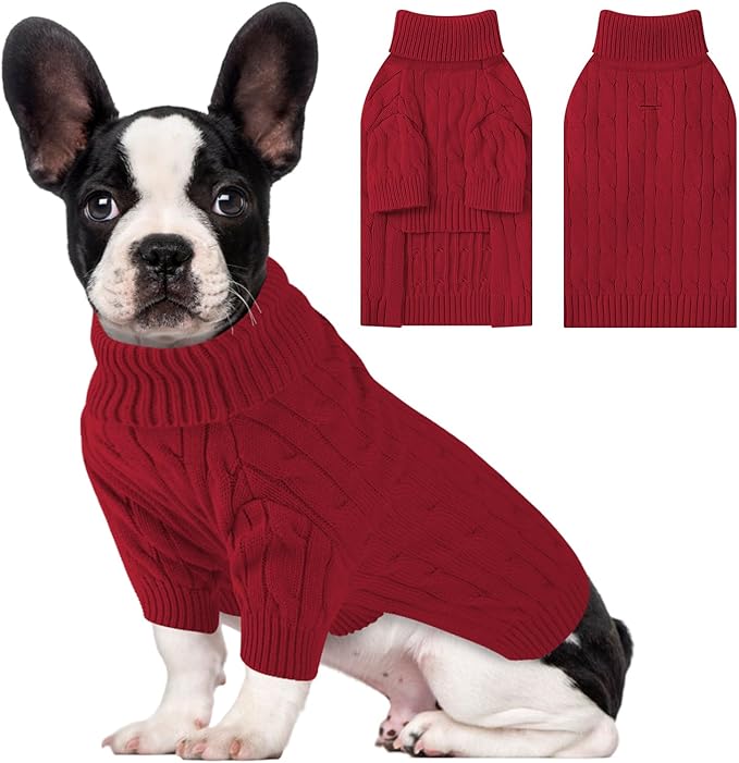 Small Dog Thermal Pullover Sweater, Classic Turtleneck Cable Knitwear Dog Clothes for Cold Weather Warm Pet Clothes for Chihuahua, Bulldog, Dachshund, Pug Red XX-Large