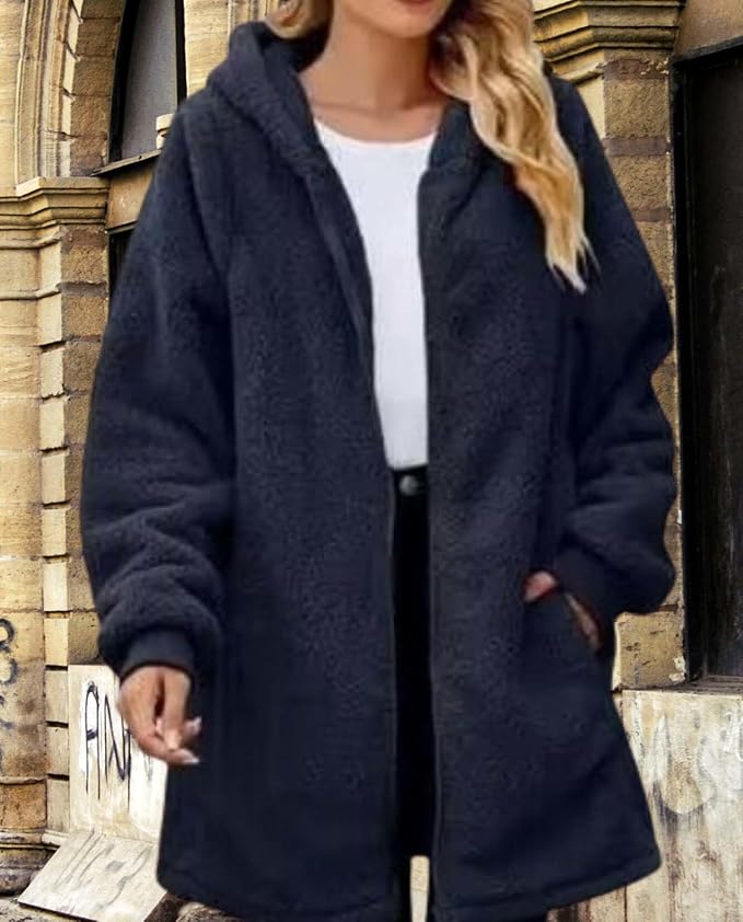 LIZALIG Women's Oversized Fleece Jacket Hooded Zip-Up Cardigan Coat with Pockets Warm Winter Casual Wear for Vacation
