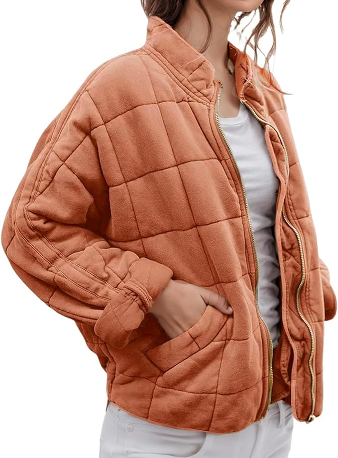 LIZALIG Warm Padded Coat for Women Full Zip Quilted Jackets Winter Oversized Causal Solid Color Stand Collar Pockets Coat