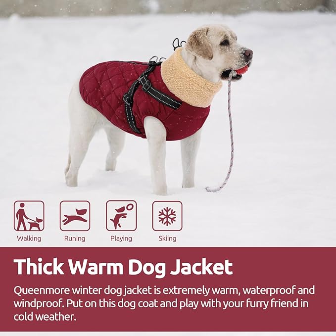 Queenmore Dog Jacket, Dog Coats for Large Dogs, Large Pet Coat with Harness Built in, Thick Fleece Snow Jacket for Extra Large Breeds, Waterproof Windproof Pet Apparel Cold Weather, Burgundy 3XL