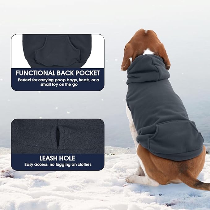 IECOii XXL Dog Hoodie for Large Dogs, Fleece Dog Sweatshirt for Large Breed Male Female Dogs,Pet Pouch Hoodie Winter Sweater Coat with Leash Hole, Warm & Lightweight Outfit for Pitbull, Grey, 2XL