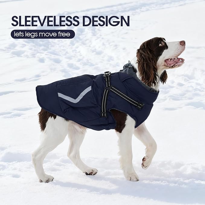 FUAMEY Reflective Dog Winter Coat, Fleece Lined Jacket for Large Dogs Back Zipper, Turtleneck Cozy Doggy Vest Thermal Clothes with Harness, Cold Weather Snow Outfits, Labrador (Dark Blue, 3XL)