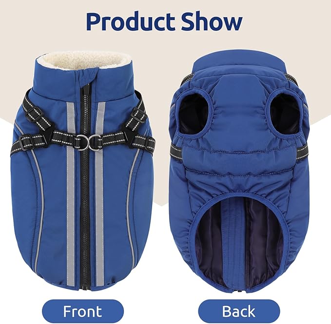 Dog Winter Coat with Harness Built in Warm Puffer Dog Jackets for Small Medium Large Dogs Windproof Waterproof Outfit with Plush Lining and Reflective Stripes (Blue, 3XL)