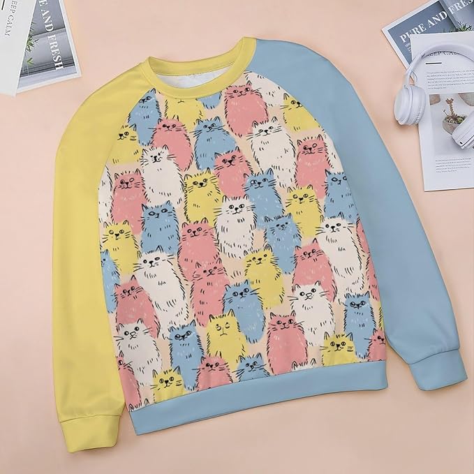 Abstract Cute Cat Shirts for Women Long Sleeve Lady Crewneck Pullover Sweatshirt Fall Winter Oversized Tops