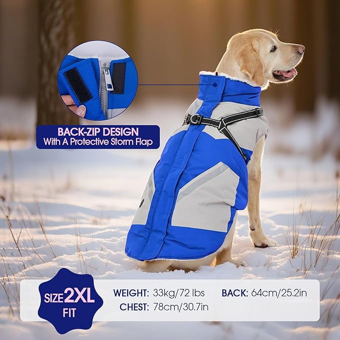 FUAMEY Dog Winter Jackets for Large Dogs,Dog Coat with Harness Built in,Waterproof Dogs Snowsuits Warm Pet Jacket Zip Up Fleece Cold Weather Coats Reflective Puppy Vest with Pocket Blue L
