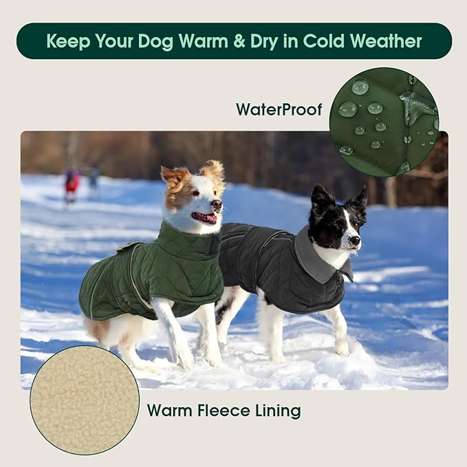 Kuoser Super-Warm Dog Coat, Windproof Cold Weather Coats for Extra Large Dogs, Fleece Lining Turtleneck Dog Snow Jacket with Reflective Strips Thermal Pet Winter Clothes, Green 2XL