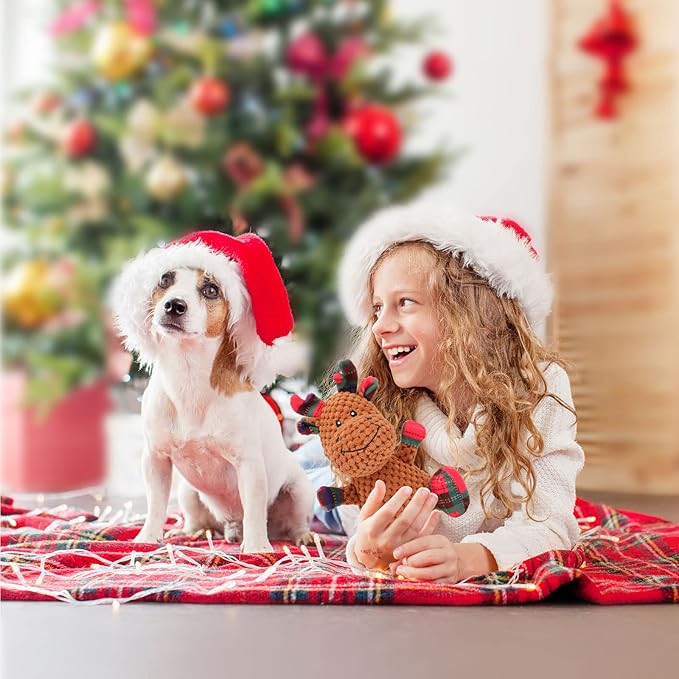 Rypet Pet Christmas Toy Dog Stuffed Squeaky Toys Puppy Durable Plush Toy Reindeer Dog Toys for Medium Small Dogs