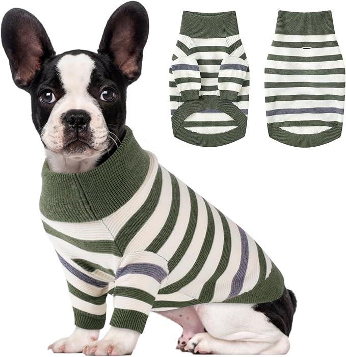 Small Dog Sweater, Knitted Striped Pullover Dog Clothes for Cold Weather, Thick Warm Cozy Stretchy Sweater for Chihuahua, Bulldog, Dachshund, Pug(Green & White Strip, XXL)