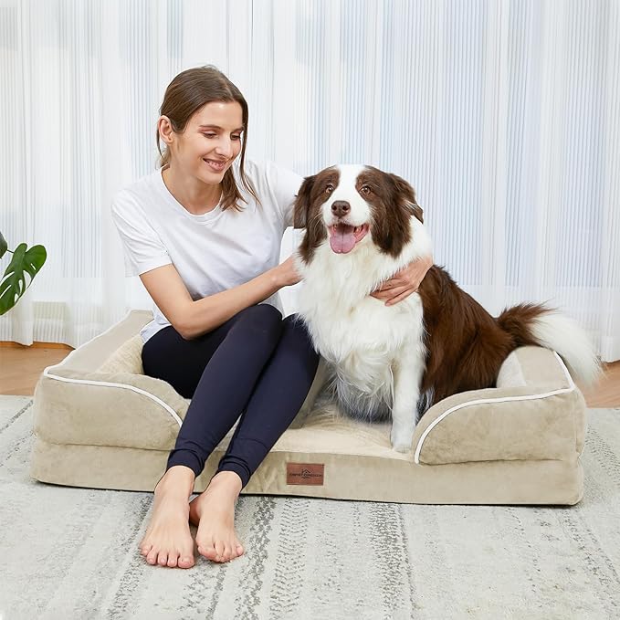 Comfort Expression Orthopedic Dog Bed for Small Dogs 24x16 Inch, Waterproof Supportive Egg Crate Foam Small Pet Bed with Removable Bolsters, Dog Couch with Washable Cover & Non-Slip Bottom, Beige