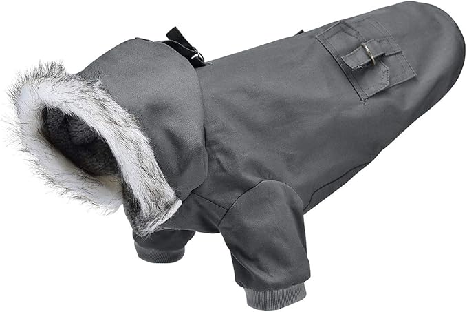 Warm Dog Hooded Trench Coat Windproof Parka Jacket for Cold Weather (L, Black Grey)