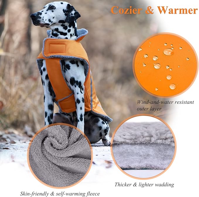 VIVAGLORY Frostfit Dog Coat, Dog Jacket for Winter & Cold Weather, Warm Fluffy Fleece Lined Water Resistant Reflective for Puppy, Coat with Velcro Fastening & Leash Hole, XS, Orange