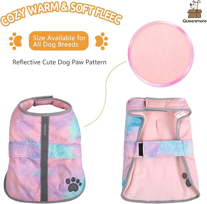 Queenmore Dog Winter Coat, Cold Weather Fleece Jacket for Dogs, Waterproof Reflective Reversible, for Small, Medium and Large Dogs (Tie-Dye, 2XL)