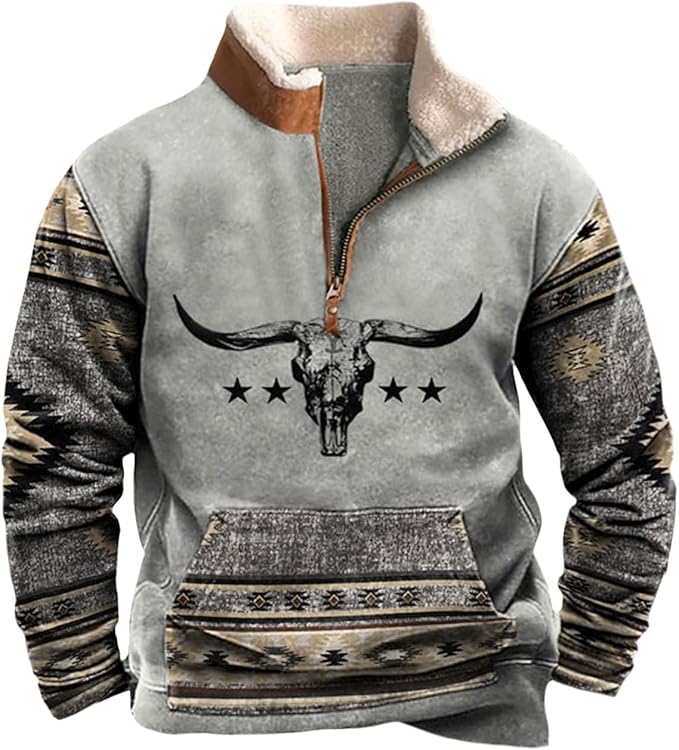 HOTYD Western Jackets for Men Cowboy Sweatshirts Vintage Ethnic Graphic Casual Long Sleeve Top 1/4 Zip Pullover Hoodies