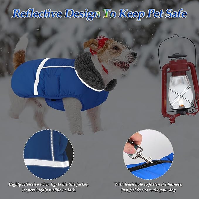 Dogcheer Warm Dog Coat, Waterproof Dog Jacket Christmas Puppy Winter Coat with Buckle, Reflective Adjustable Pet Snow Jacket Turtleneck Fleece Sweater for Small Medium Large Dogs - Blue, S
