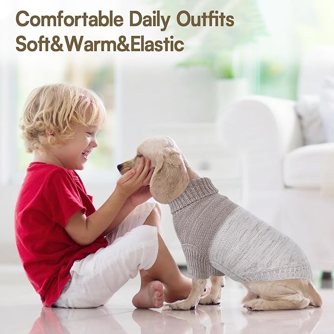 Queenmore Pullover Large Dog Sweater,Classic Turtleneck Warm Pet Sweater with Leash Hole for Dog Girls Boys,Winter Knitwear Clothes for Dachshund,Corgi,French Bulldog(Khaki,L)