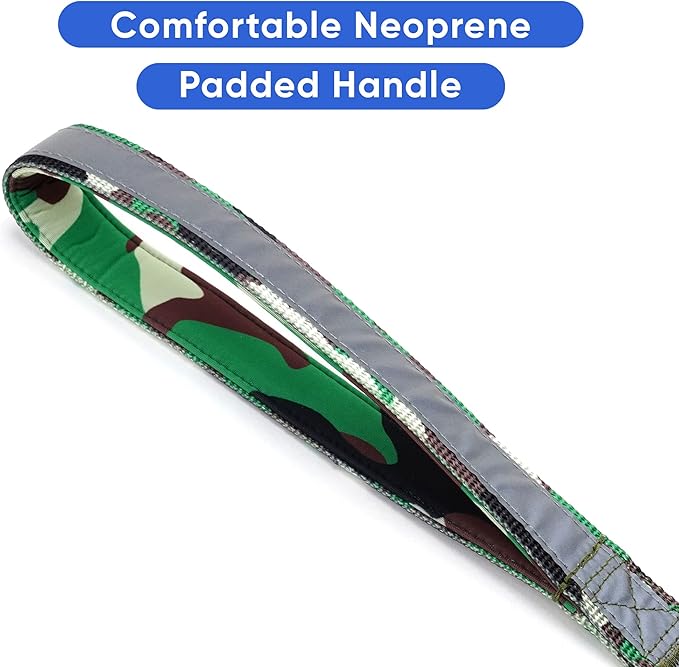 Pawtitas 6 FT Padded Dog Leash with Comfortable Neoprene Padding Handle - Camo Green Lead | Small Reflective Dog Leash with Highly Reflective Band Perfect for Extra Small and Small Dogs and Puppies.