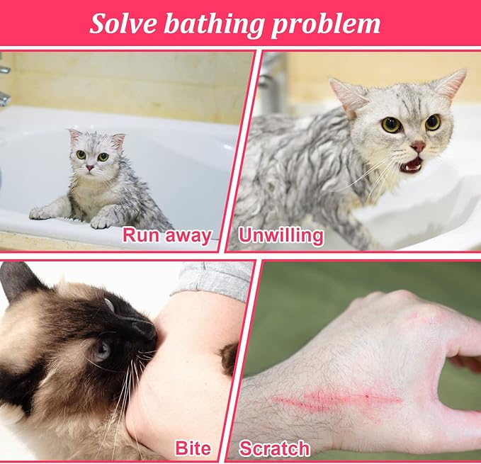 Breathable Mesh Shower Bag - Anti Scratch Adjustable Grooming for Nail Trimming, Bathing - Polyester Soft Cat Washing (White-Pink)